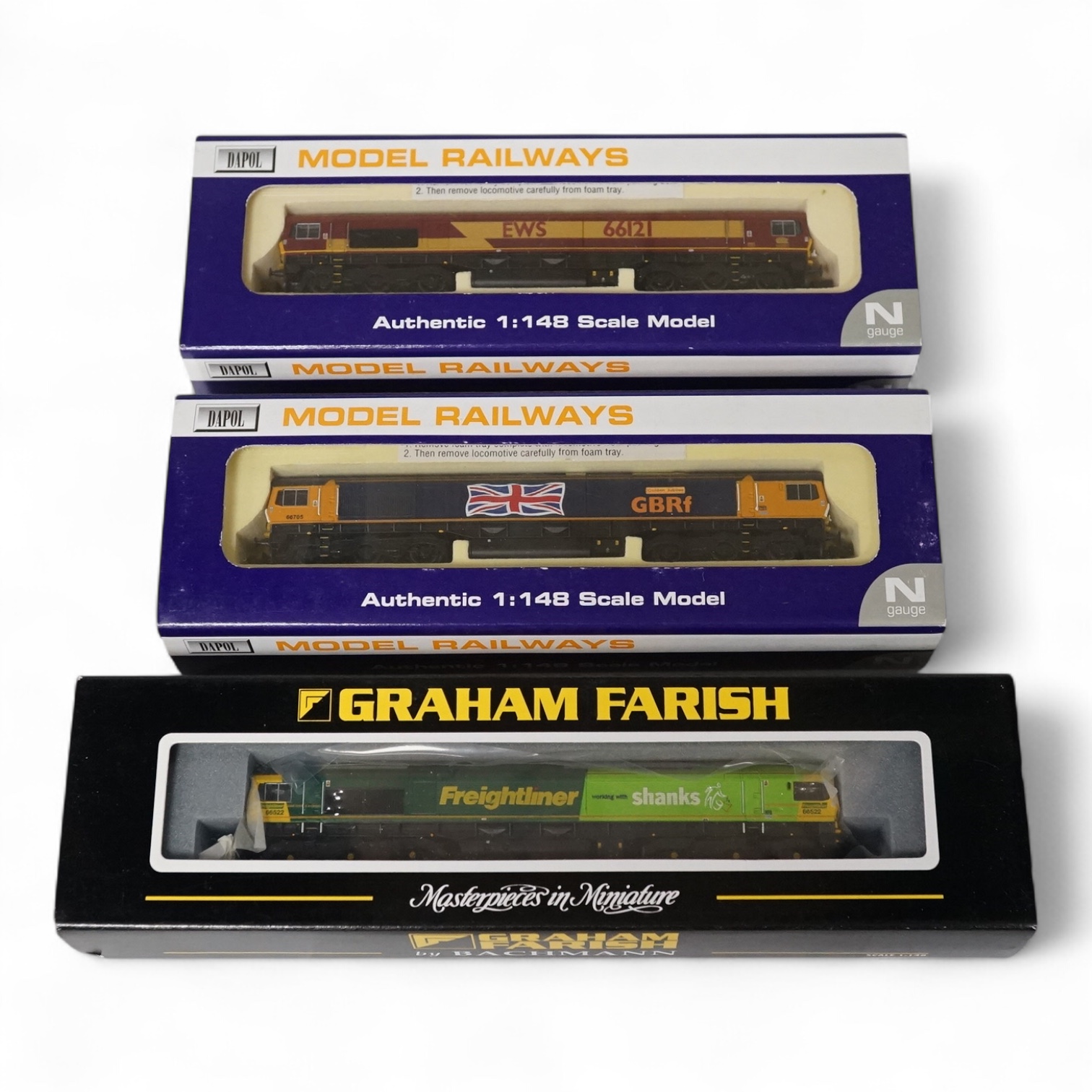 Three boxed Dapol and Graham Farish N gauge railway class 66 diesel-electric locomotives; Freightliner/Shanks 66522 (371-378), GBRf 66705 (ND-039), and EWS 66121 (ND-031). Condition - good.